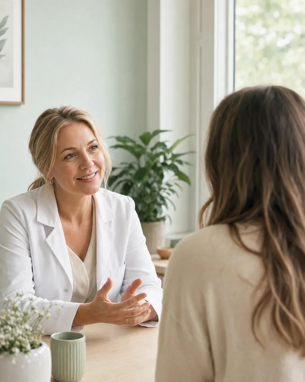 En behandler i samtale med en pasient på en fertilitetsklinikk