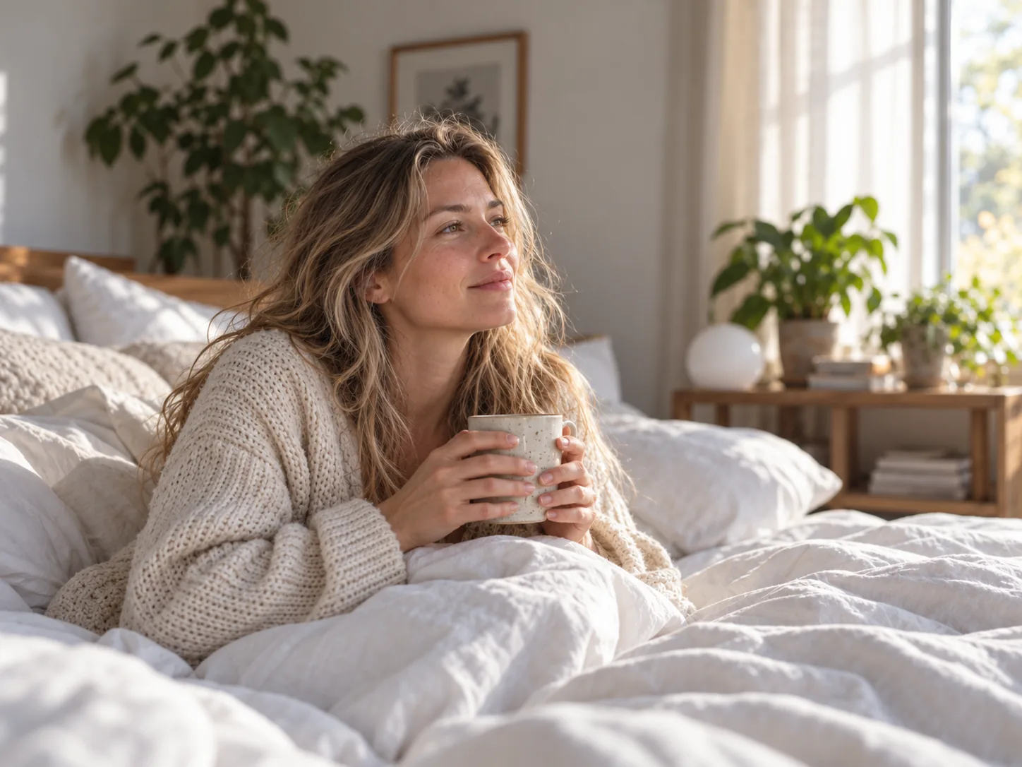 En kvinne som slapper av i sengen med en kopp te i morgenlyset